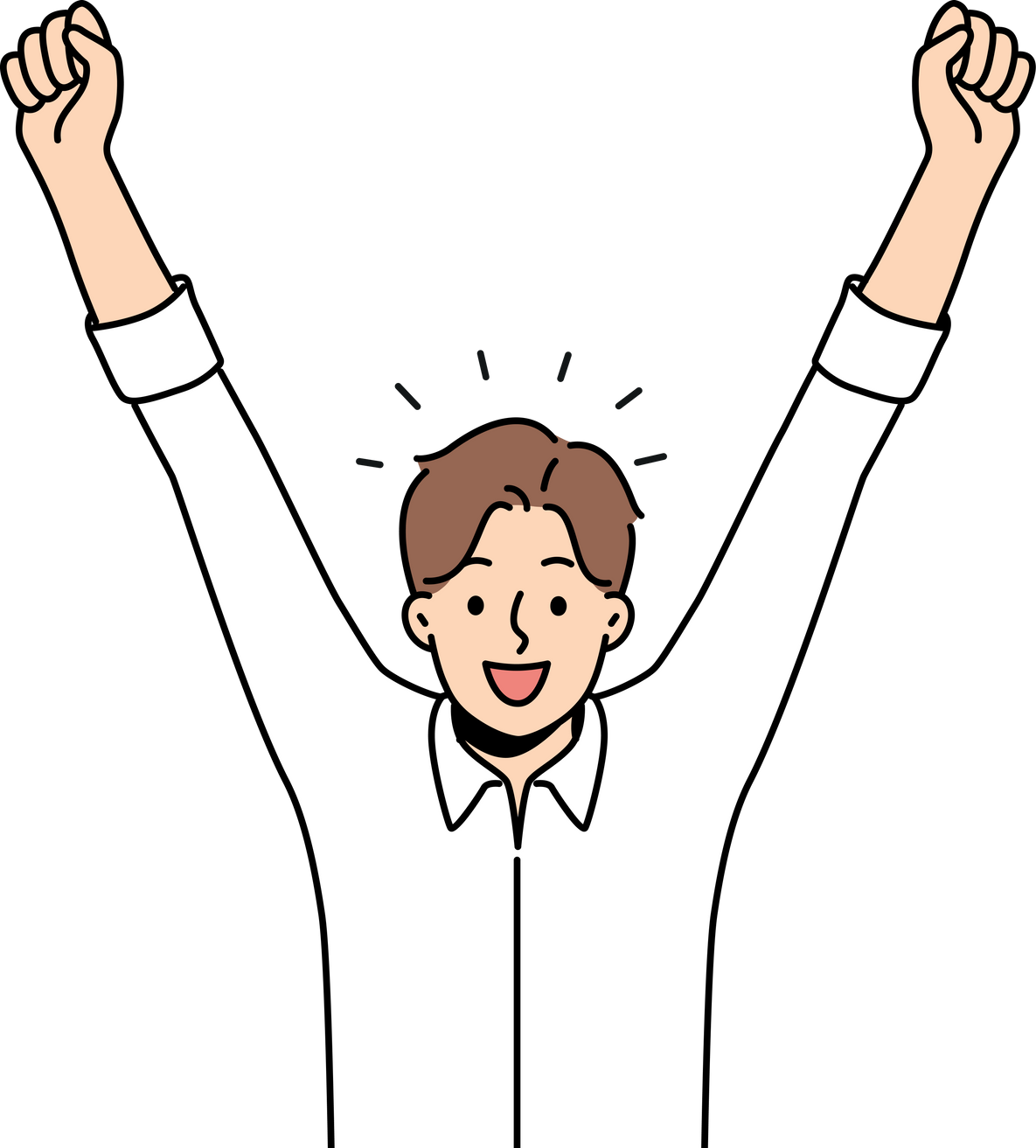 Delighted man celebrates victory by raising hands up and rejoicing in career achievements